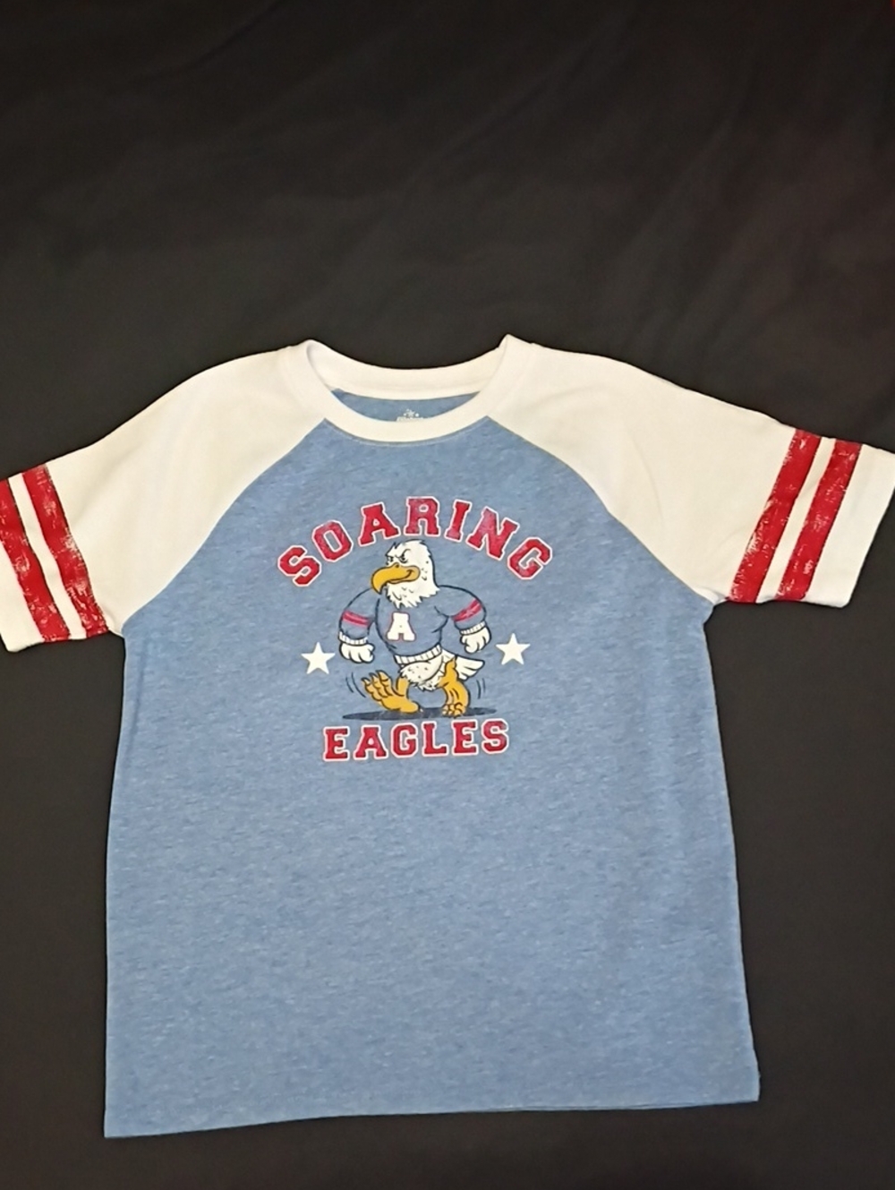 Soaring Eagles Blue & White Raglan Tee with Red Sleeve Stripes
